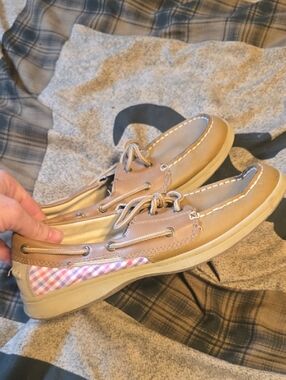 Faded Glory Tan Boat Shoes with Pink Gingham Accent
